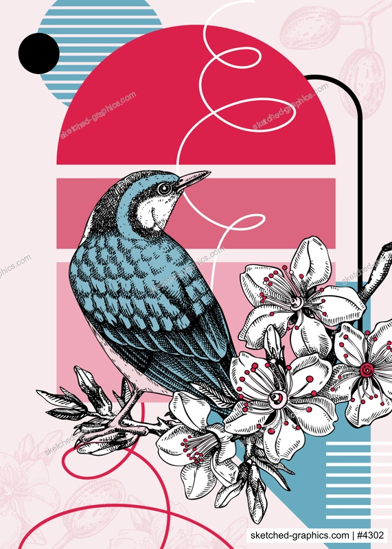 Collage style nuthatch vector illustration. Hand drawn bird on blooming almond branch with flowers, nuts and leaves. Trendy design with botanical, geometric shapes, and abstract elements.