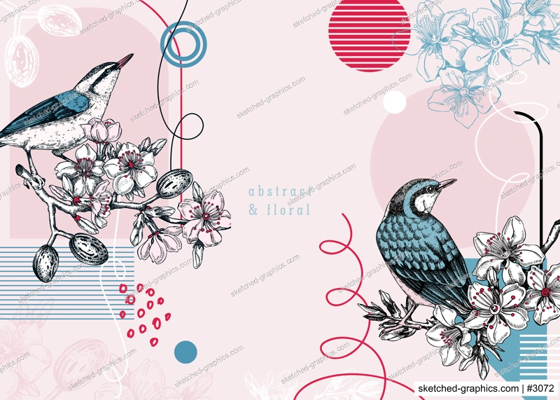 Collage style nuthatches vector background. Hand-drawn bird on blooming almond branches with flowers, nuts, and leaves in colors. Trendy design with botanical sketches, geometric shapes for print