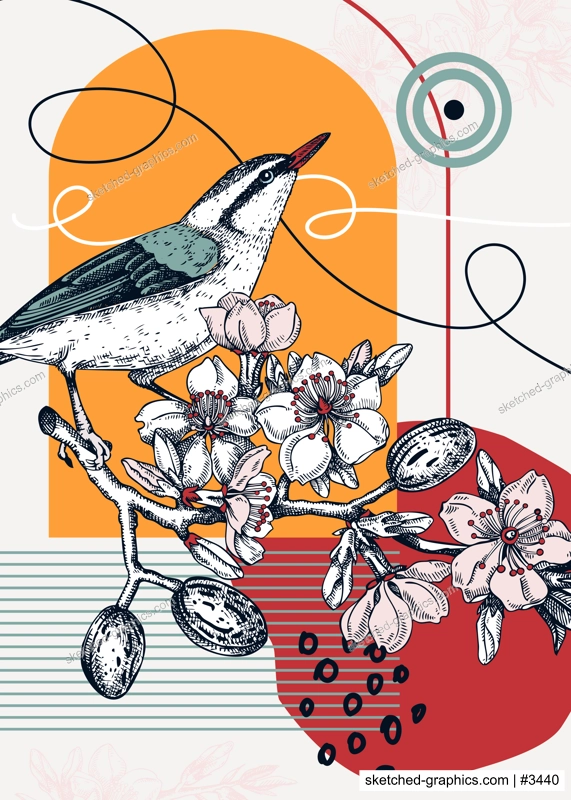 Collage-style bird card. Sketched nuthatch trendy poster. Creative designs with almond sketch, botanical illustrations, geometric shapes, and abstract elements for nature print, wall art, packaging. 