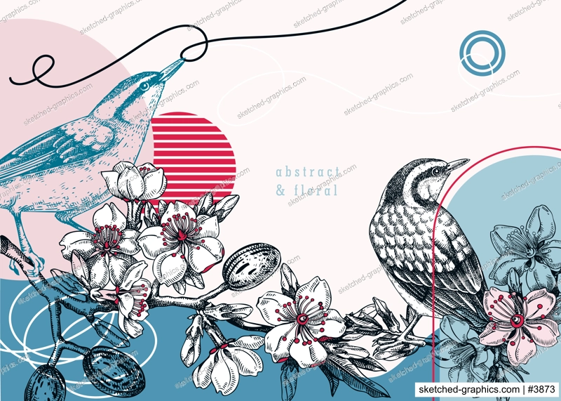 Nuthatchs sitting on flowering almond branch sketch. Vector spring garden illustration on chalkboard. Hand drawn passerine birds singing on blooming tree with nuts, leaves and flowers for print