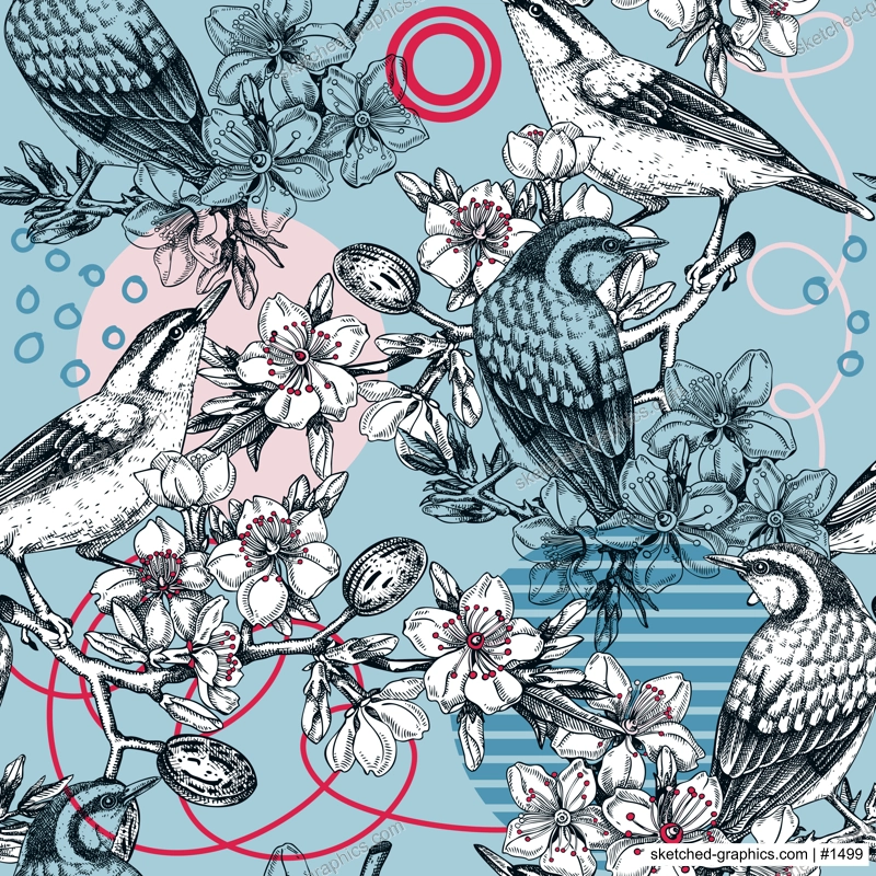 Collage style seamless pattern design. Hand drawn bird nuthatches on flowering almond tree branches. Trendy background with botanical, geometric shapes, and abstract elements for prints or fabrics
