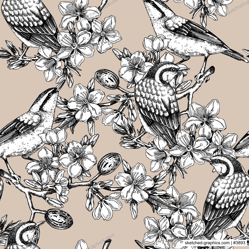 Nuthatchs sitting on flowering almond branch design. Vector spring seamless pattern. Hand drawn passerine birds on blooming tree with nuts, leaves and flowers background. Delicate floral backdrop