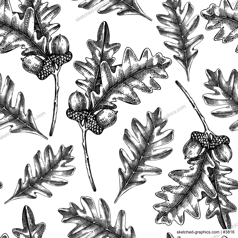 Oaktree seamless pattern Decorative autumn leaf sketches. Hand-drawn botanical backdrop in sketched style. Vintage oak tree branch with fall leaves and acorn illustrations. Thanksgiving background
