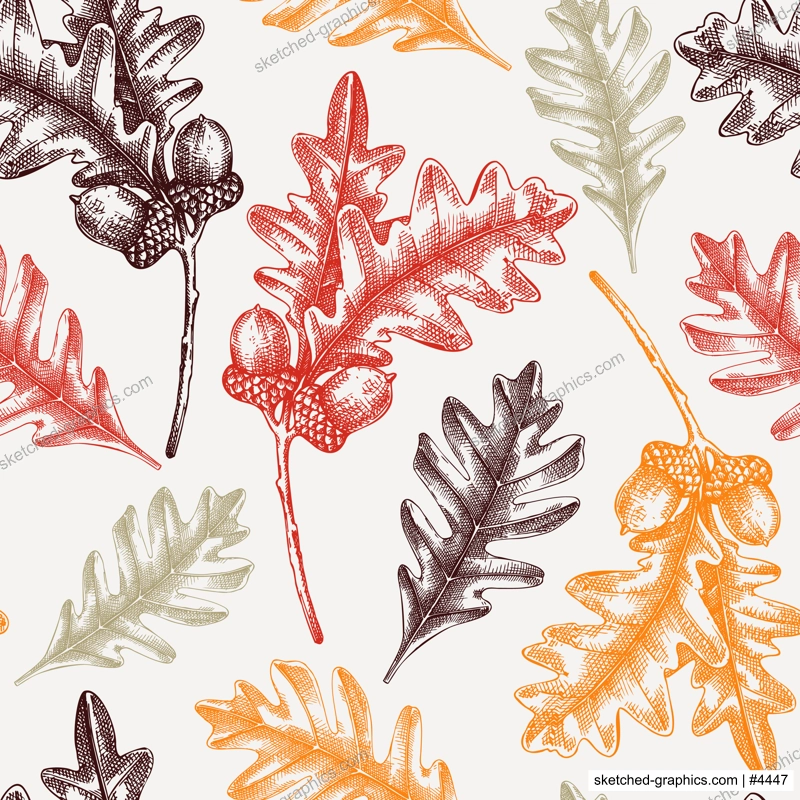Oaktree seamless pattern Decorative autumn leaf sketches. Hand-drawn botanical backdrop in sketched style. Vintage oak tree branch with fall leaves and acorn illustrations. Thanksgiving background