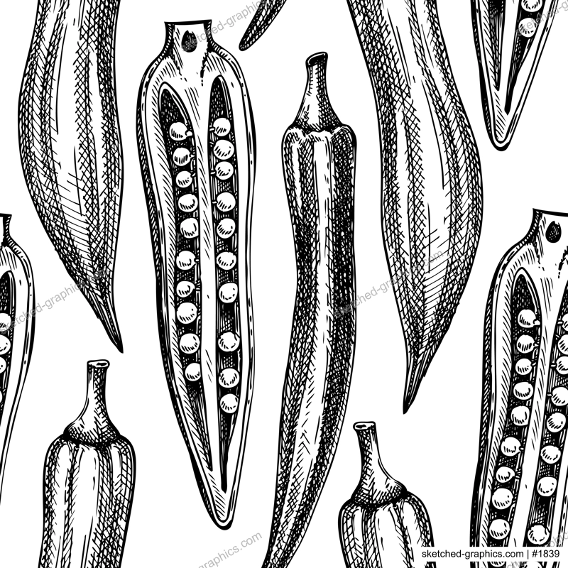 Fresh Okra seamless pattern. Edible green seed pods background. Vegetable backdrop hand-sketched okra plants. Vector illustration of raw cultivated okra.  For grocery, markets, packaging