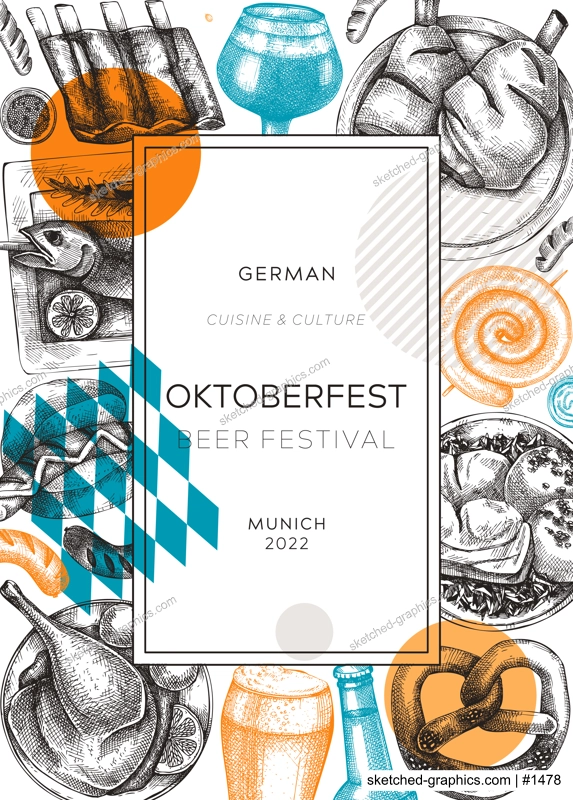 Oktoberfest background. Beer festival wreath in collage style. German food and drinks menu design. Vector meat dishes sketches. German cuisine vintage frame. Oktoberfest party card or invitation