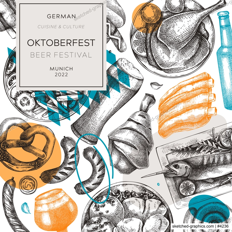 Oktoberfest square flyer template. German food and drinks menu design in collage style. Vector meat dishes sketches. German cuisine banner. Beer festival illustration. Oktoberfest background