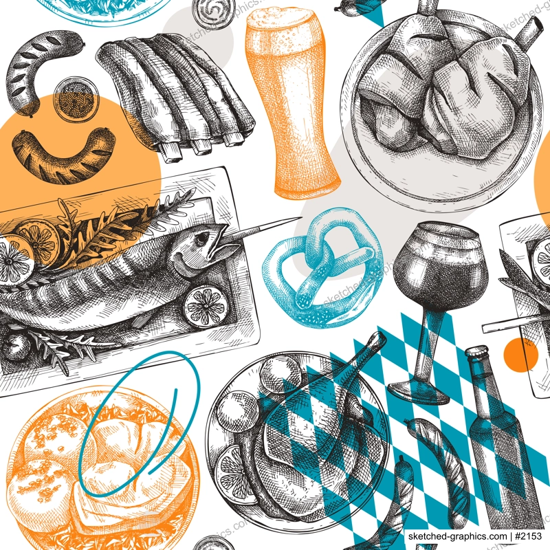 Oktoberfest background. German cuisine menu design. Pretzel, beer, roast pork, ham hocks, sausages, ribs, grilled fish on table. Grilled meat seamless pattern. Beer festival backdrop in collage style