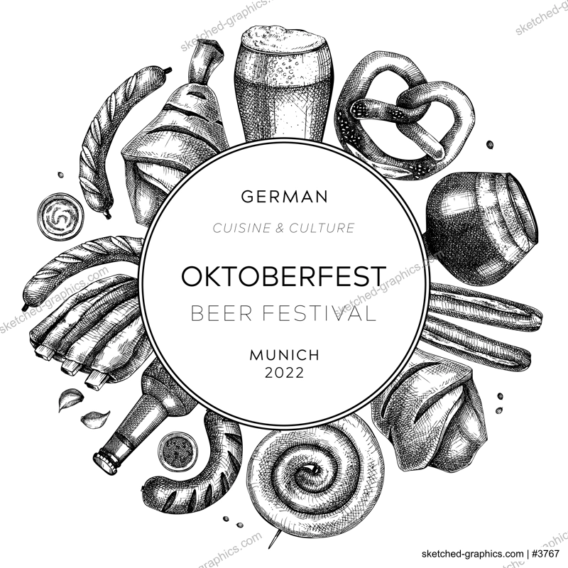 Oktoberfest background. German food and drinks menu design. Meat dishes sketches. German cuisine vintage wreath. Traditional beer festival sketched illustration. Oktoberfest party frame
