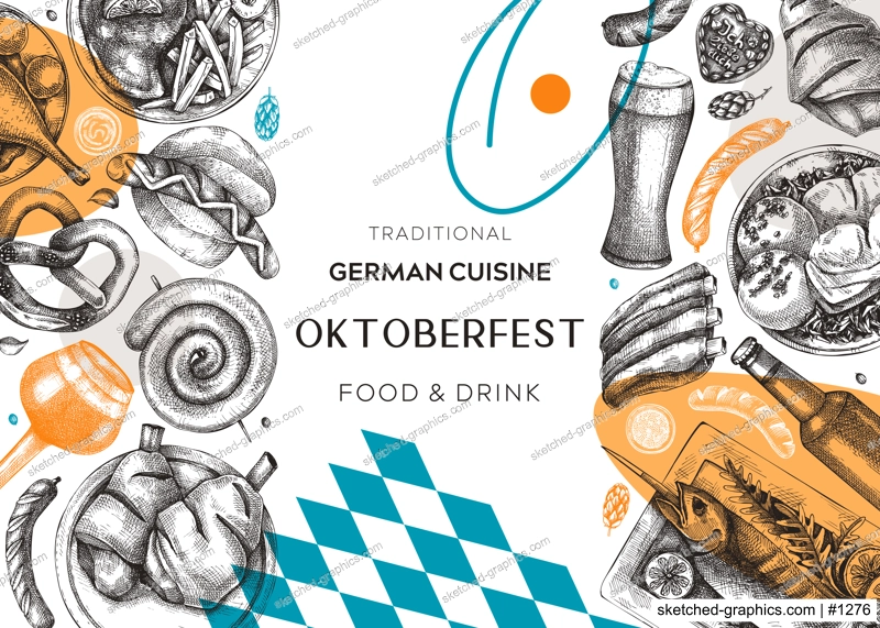 German food background in collage style. Oktoberfest menu trendy design. Vector meat dishes sketches and geometric shapes. German cuisine modern banner. Traditional Food festival illustration. 