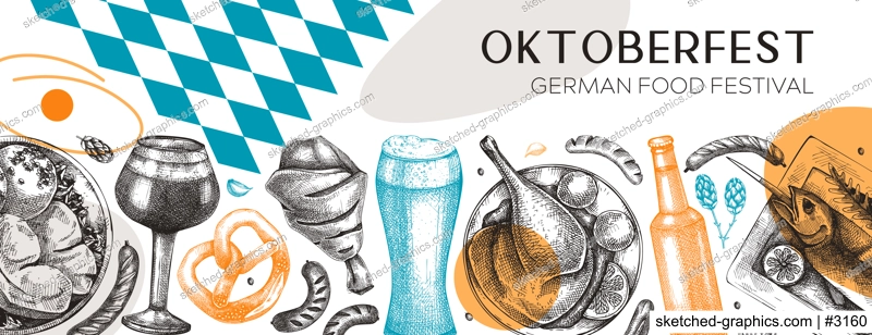German food background in collage style. Oktoberfest menu trendy design. Vector meat dishes sketches and geometric shapes. German cuisine modern banner. Traditional Food festival illustration. 
