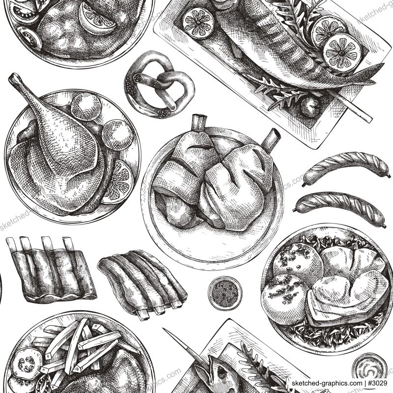 German food and drinks sketch background. Oktoberfest menu design. Hand-drawn beer seamless pattern. German cuisine backdrop. Vintage food sketched illustration