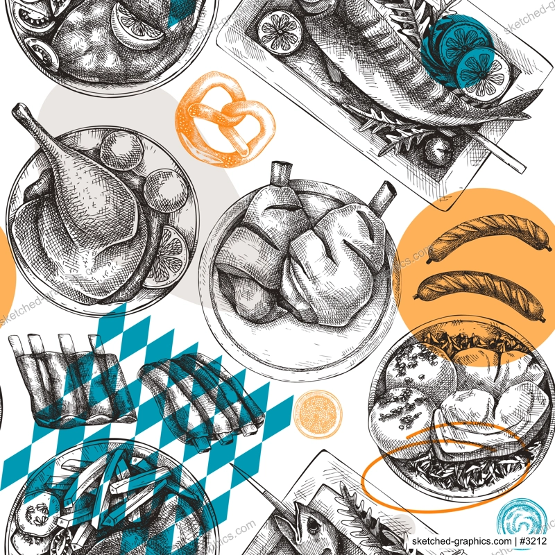 Oktoberfest background. German cuisine menu design. Pretzel, roast pork, ham hocks, sausages, ribs, grilled fish on table. Grilled meat dishes seamless pattern. Restaurant backdrop in collage style