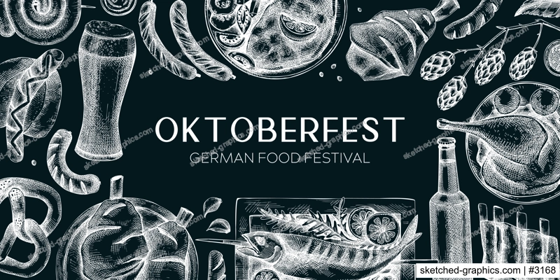 Oktoberfest background. German food and drinks menu design template. Meat dishes sketches. German cuisine vintage frame. Traditional beer festival banner. Oktoberfest party on chalkboard