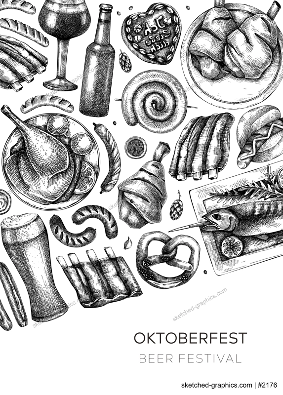 Oktoberfest background. German food and drinks menu. Vector meat dishes sketches. German cuisine frame. Beer festival black and white illustration in sketched style. Oktoberfest party design.