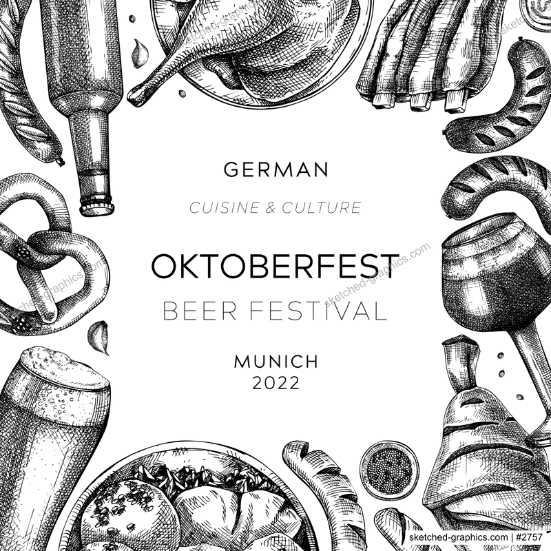 Oktoberfest background. German food and drinks menu design. Vector meat dishes sketches. German cuisine frame. Beer festival black and white illustration in sketched style. Oktoberfest party