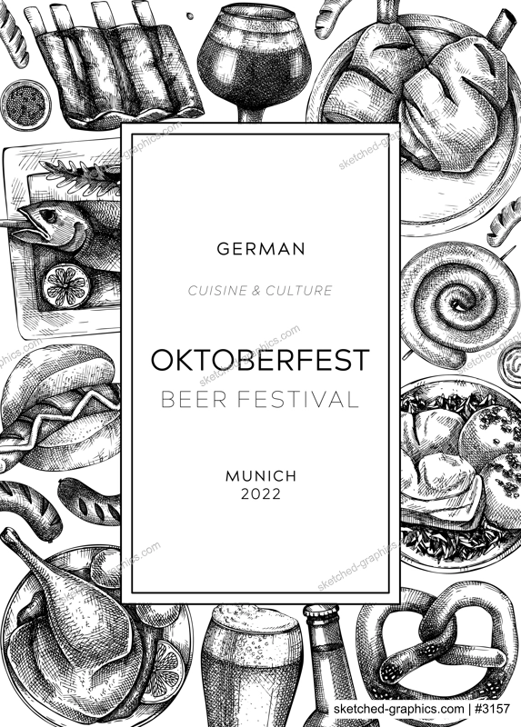 Oktoberfest background. German food and drinks menu. Vector meat dishes sketches. German cuisine frame. Beer festival black and white illustration in sketched style. Oktoberfest party design.