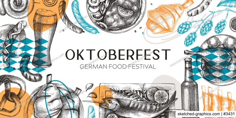 Collage style Oktoberfest background. German food and drinks menu design template. Meat dishes sketches. German cuisine vintage frame. Traditional beer festival banner. Oktoberfest party flyer