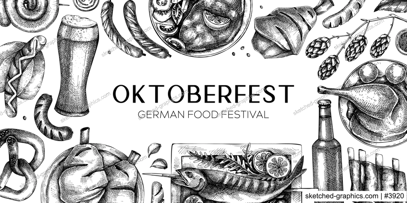 Oktoberfest background. German food and drinks menu design template. Meat dishes sketches. German cuisine vintage frame. Traditional beer festival banner. Oktoberfest party