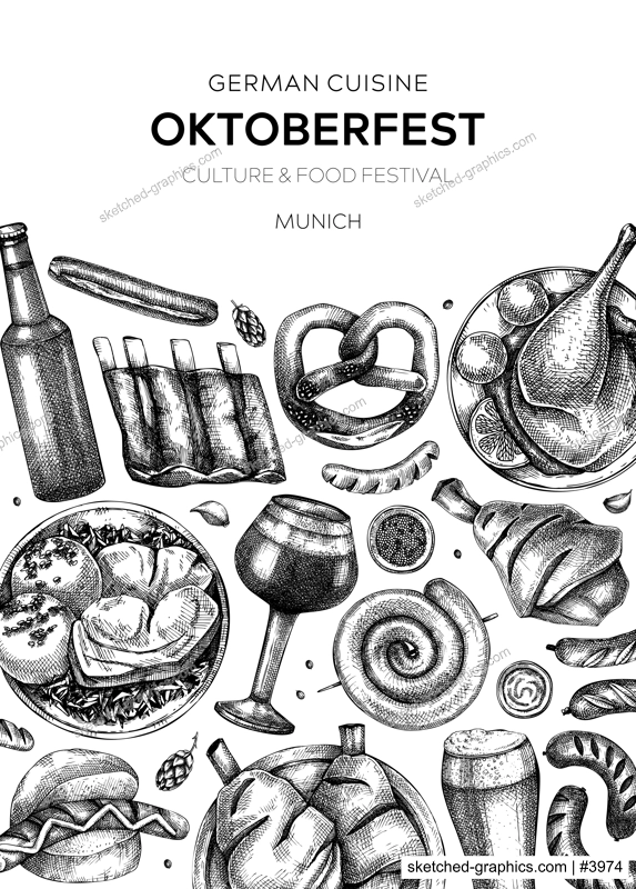 Oktoberfest background. German food and drinks menu. Vector meat dishes sketches. German cuisine frame. Beer festival black and white illustration in sketched style. Oktoberfest party design.
