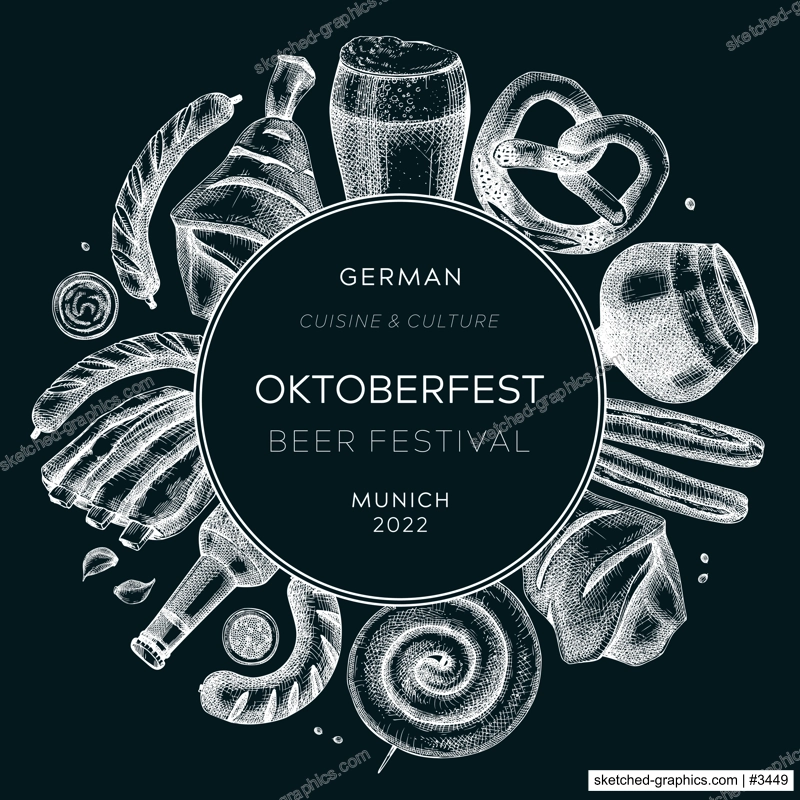 Oktoberfest background. German food and drinks menu design on chalkboard. Meat dishes sketches. German cuisine vintage wreath. Traditional beer festival sketched illustration. Oktoberfest party frame