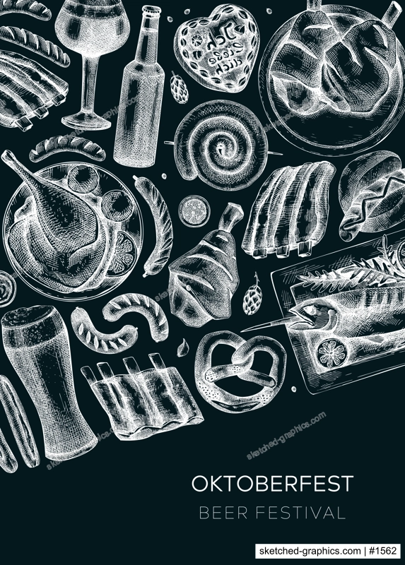 Oktoberfest background on chalkboard. German food and drinks menu design. Vector meat dishes sketches. German cuisine vintage wreath. Popular beer festival illustration in sketched style. 