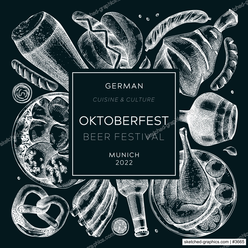 Oktoberfest background on chalkboard. German food and drinks menu design. Vector meat dishes sketches. German cuisine vintage wreath. Traditional beer festival illustration in sketched style. 
