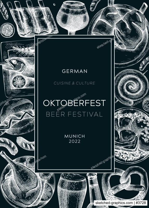 Oktoberfest background on chalkboard. German food and drinks menu design. Vector meat dishes sketches. German cuisine vintage wreath. Popular beer festival illustration in sketched style. 