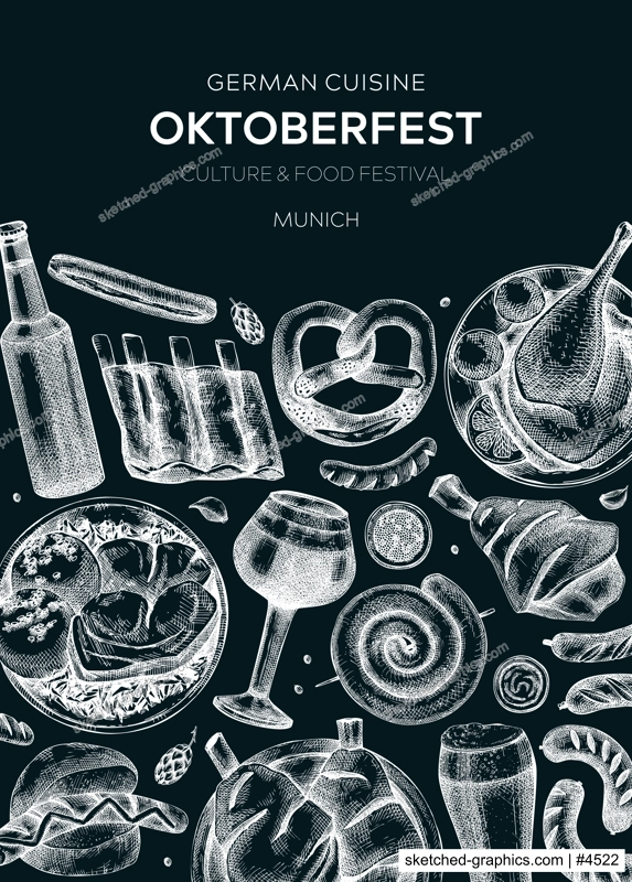 Oktoberfest background on chalkboard. German food and drinks menu design. Vector meat dishes sketches. German cuisine vintage wreath. Popular beer festival illustration in sketched style. 