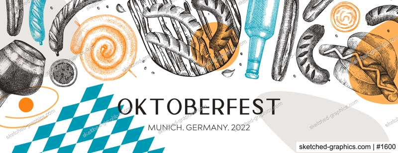 Oktoberfest background in collage style. Grilled sausage frame. Hand-drawn fast food illustration. Barbeque party sketched banner. German food and beer trendy design for German beer festival menu