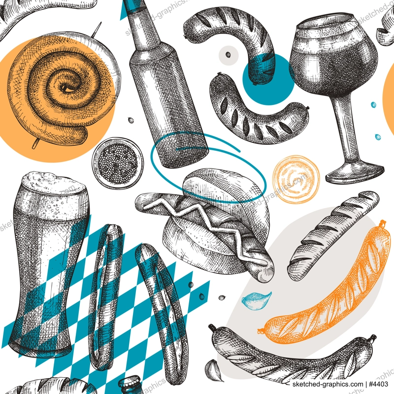Oktoberfest background with grilled sausage and beer sketches. Hand-drawn fast food illustration. Barbeque party sketched design. German food seamless pattern. Fast food backdrop in collage style