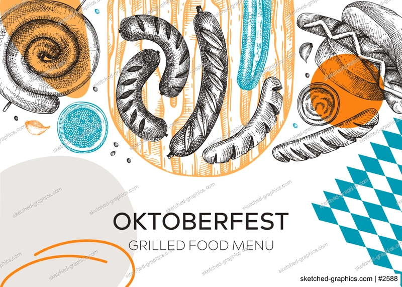  Oktoberfest background. Grilled sausage collage. Hand-drawn fast food illustration. Barbeque party sketched banner. German food and meet products sketches. Oktoberfest beer festival menu design