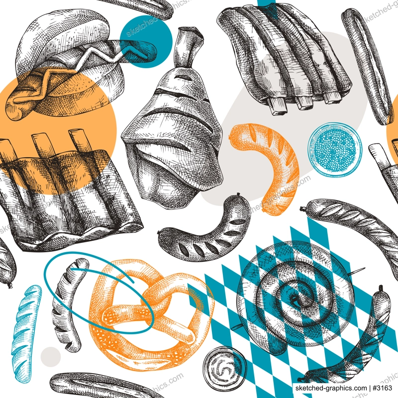 Oktoberfest background with grilled sausage, ribs and pork knuckles sketches. Hand-drawn fast food illustration. Barbeque party sketched design. German food seamless pattern in collage style.