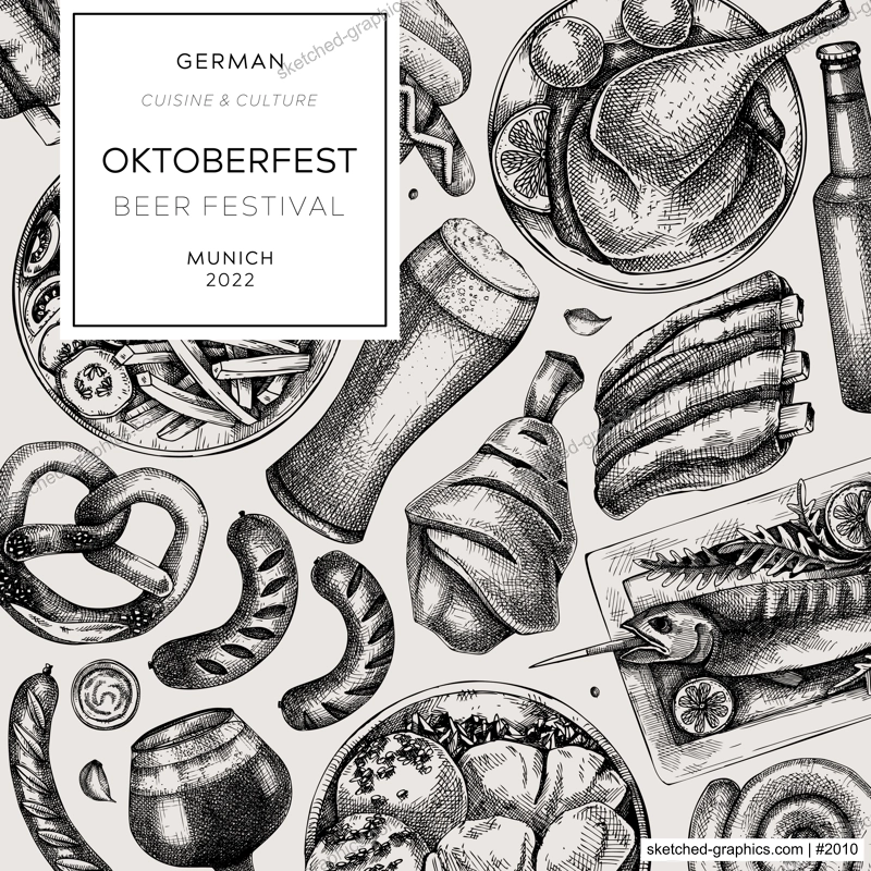 Oktoberfest square flyer template. German food and drinks menu design in sketched style. Vector meat dishes sketches. German cuisine banner. Beer festival illustration. Oktoberfest background