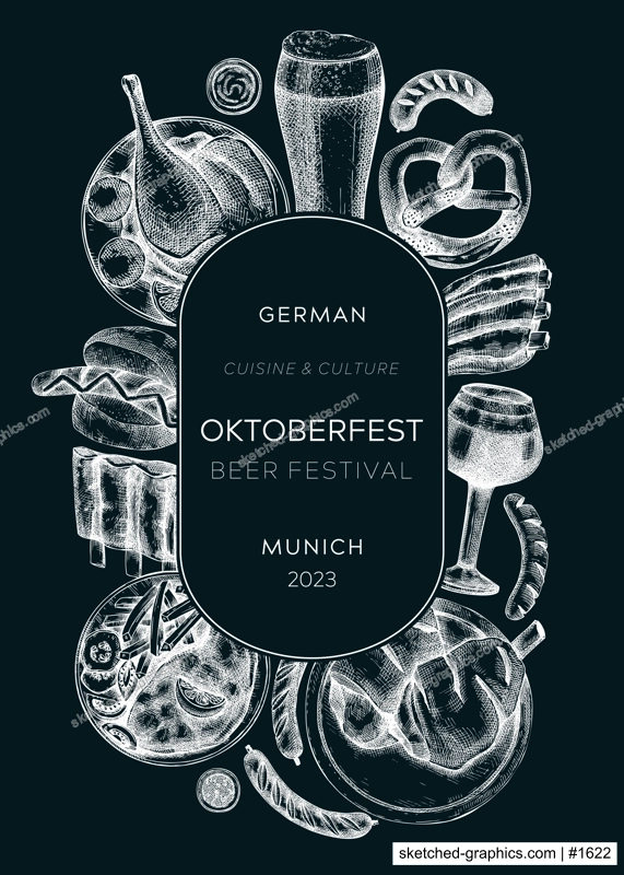 Oktoberfest wreath on chalkboard. German food and drinks menu design template. Meat dishes sketches. German cuisine vintage frame. Traditional beer festival banner. Oktoberfest party
