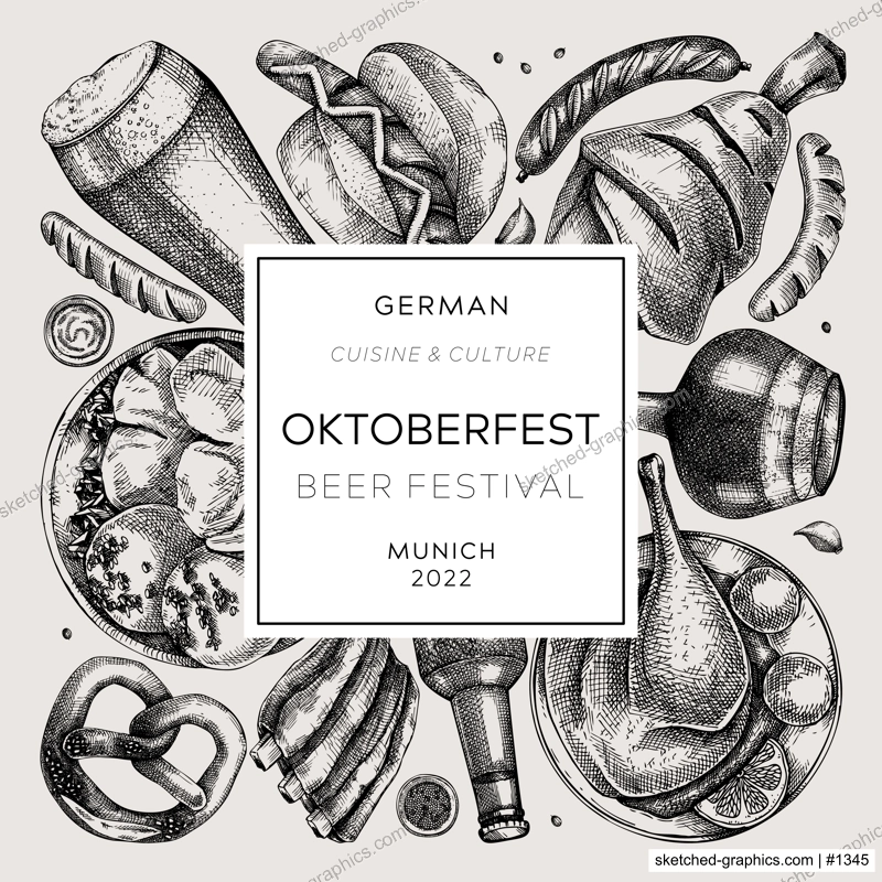 Oktoberfest wreath. German food and drinks menu design. Vector meat dishes sketches. German cuisine vintage frame. Oktoberfest party. Beer festival background in sketched style.