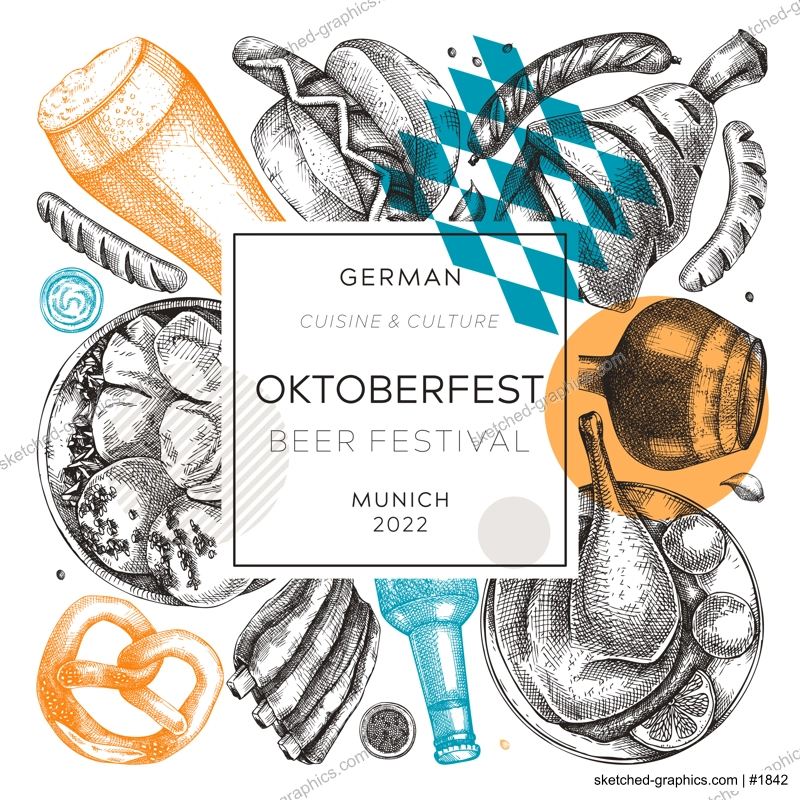 Oktoberfest wreath in collage style. German food and drinks menu design. Vector meat dishes sketches. German cuisine vintage frame. Oktoberfest party. Beer festival background