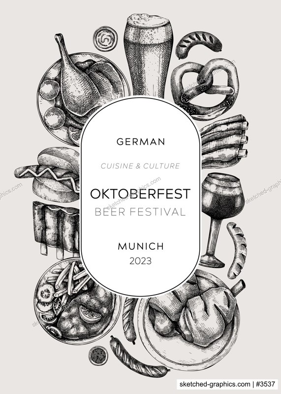 Oktoberfest wreath in collage style. German food and drinks menu design. Meat dishes sketches. German cuisine vintage frame. Traditional beer festival sketched illustration. Oktoberfest party