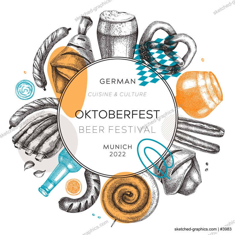 Oktoberfest wreath in collage style. German food and drinks menu design. Meat dishes sketches. German cuisine vintage frame. Traditional beer festival sketched illustration. Oktoberfest party banner