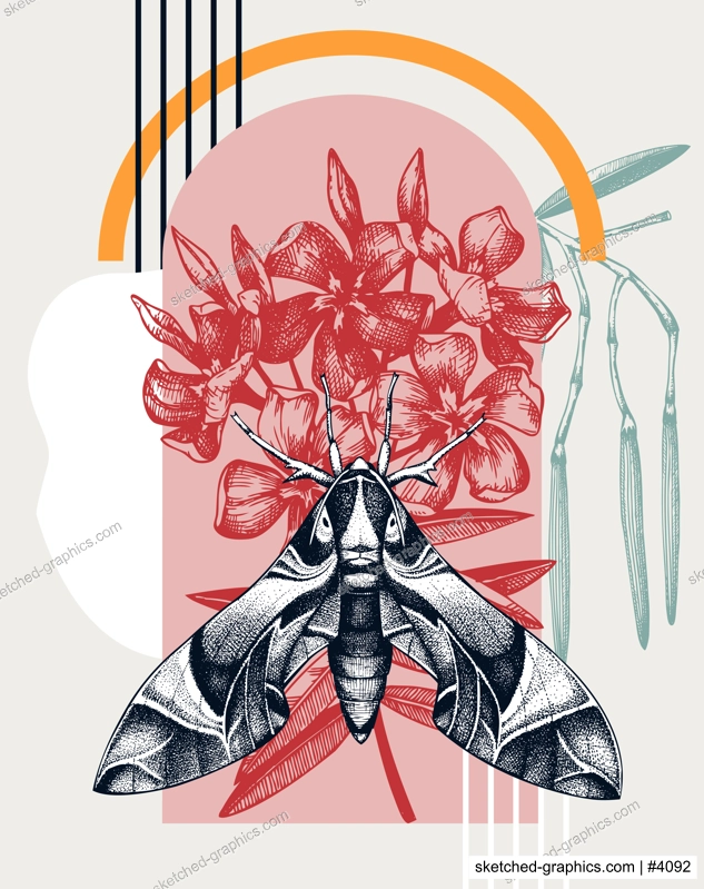 Collage style oleander hawk moth vector illustration. Hand-sketched butterfly on oleander. Trendy design with insects,floral, geometric shapes, and abstract elements. Perfect for print, poster, card 