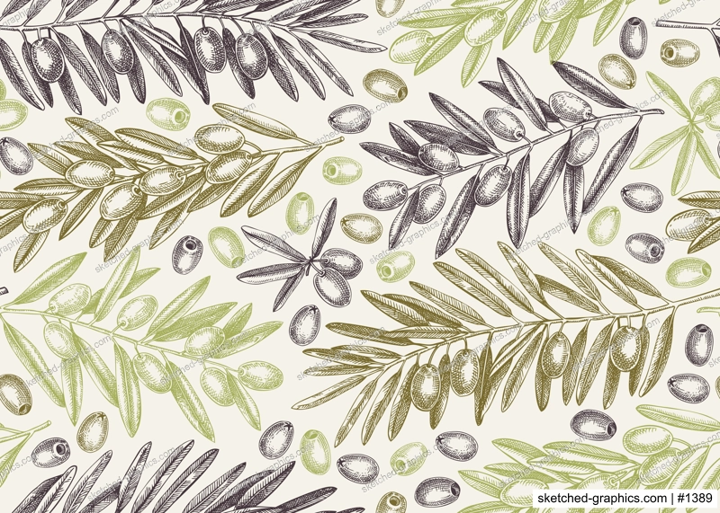 Olive branch seamless pattern. Vector background with leaves and fruits sketches in vintage style. Vegetable oil ingredients texture. Olive plant illustration for print or packaging design