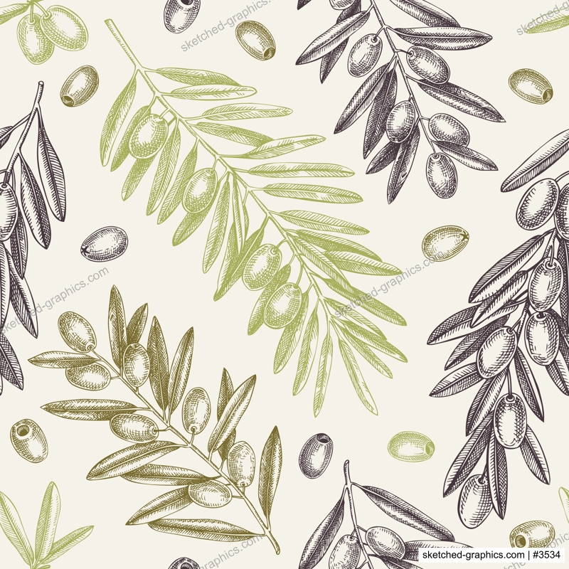 Olive branch seamless pattern. Vector background with leaves, berries and fruits sketches in vintage style. Vegetable oil ingredients backdrop. Olive tree texture for print or packaging design