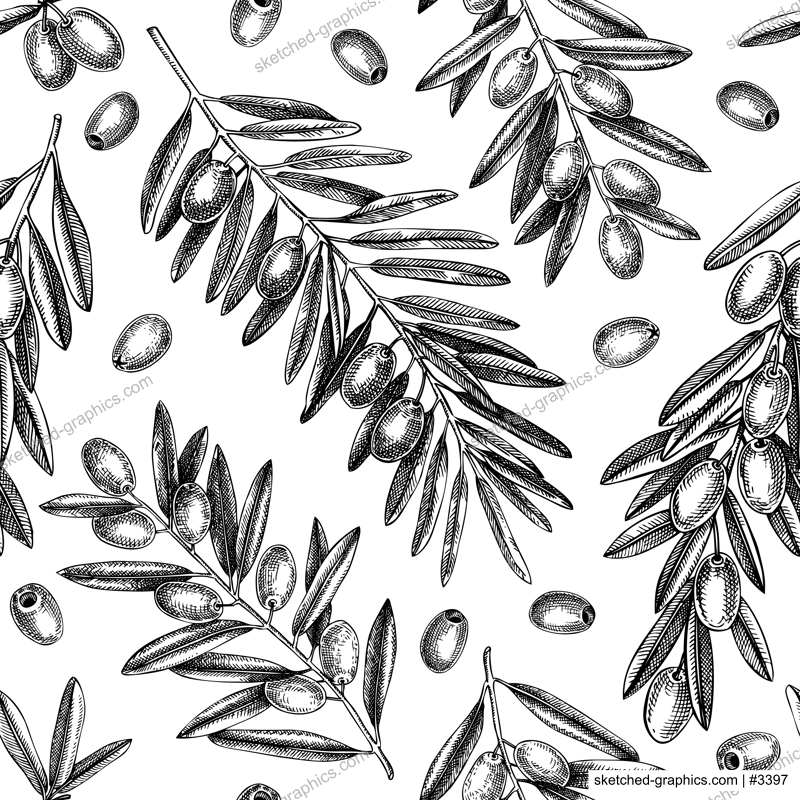 Olive branch seamless pattern. Vector background with leaves, berries and fruits sketches in vintage style. Vegetable oil ingredients backdrop. Olive tree texture for print or packaging design