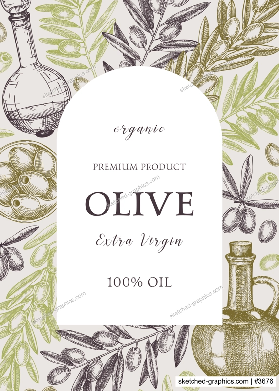Olive oil background. Hand-drawn vector illustration. Olive tree branches, glass bottle, olives sketches. Italian food frame in vintage style. Vegetable oil design template