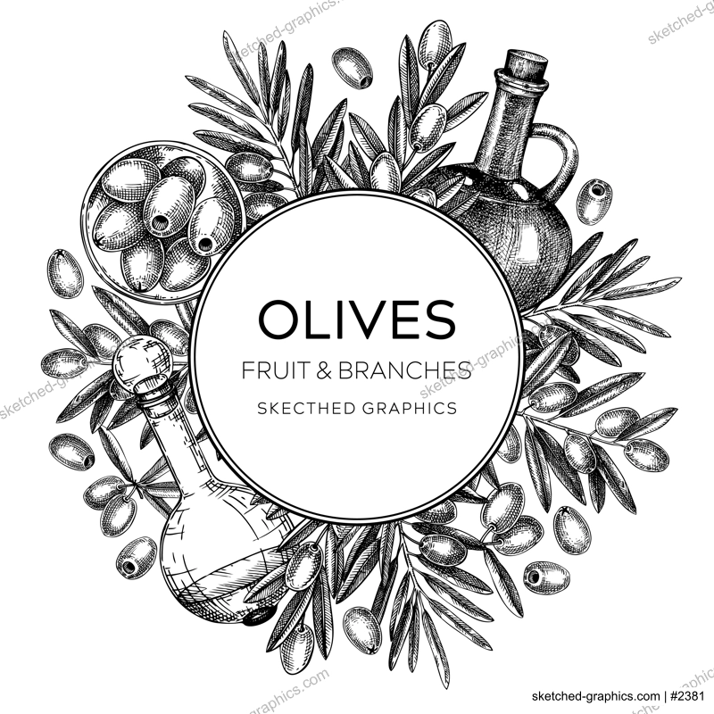Olive oil background. Hand-drawn vector illustration. Olive tree branches, glass bottle, olives sketches. Italian food frame in vintage style. Vegetable oil design template