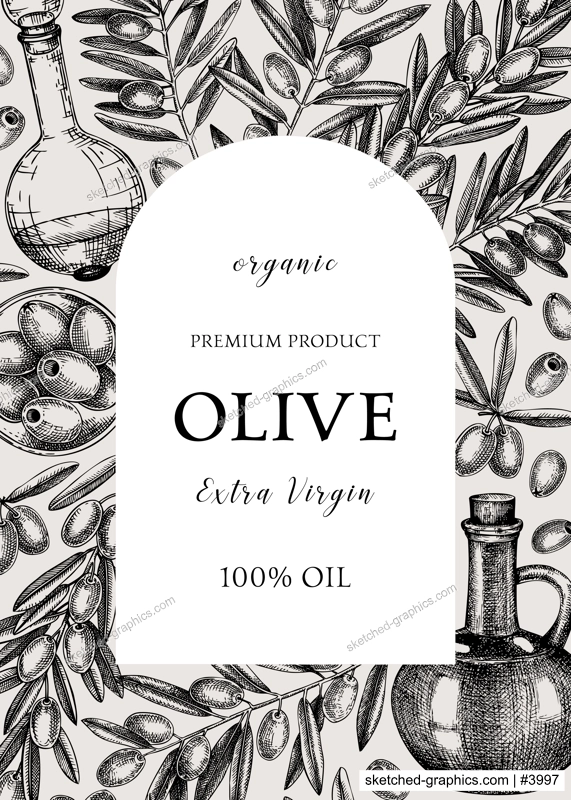 Olive oil background. Hand-drawn vector illustration. Olive tree branches, glass bottle, olives sketches. Italian food frame in vintage style. Vegetable oil design template