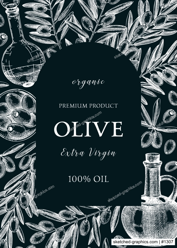 Olive oil background on chalkboard. Hand-drawn vector illustration. Olive tree branches, glass bottle, olives sketches. Italian food frame in vintage style. Vegetable oil design template
