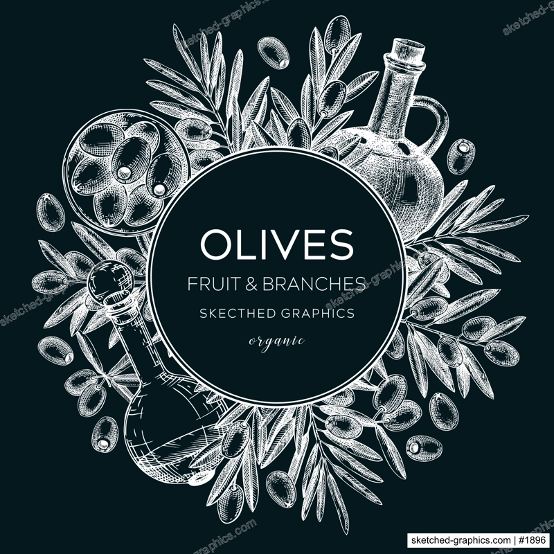 Olive oil background. Hand-drawn vector illustration on chalkboard. Olive tree branches, glass bottle, olives sketches. Italian food frame in vintage style. Vegetable oil design template