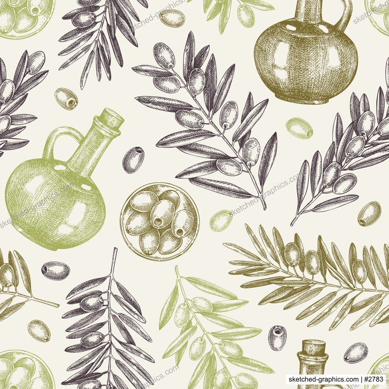 Olive oil background. Hand drawn vector illustration. Olive tree branches, glass bottles, ripe olives sketches. Italian food seamless pattern.