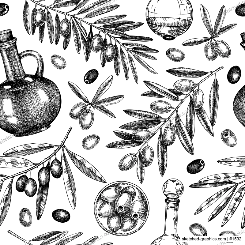 Olive oil seamless pattern. Olive tree branches background in retro style. Food design. Hand-drawn vector illustration. NOT AI generated.